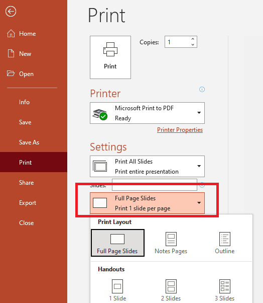 How to print PowerPoint with notes? -1