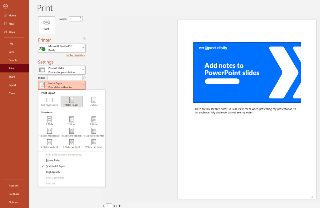How to print PowerPoint with notes? -2