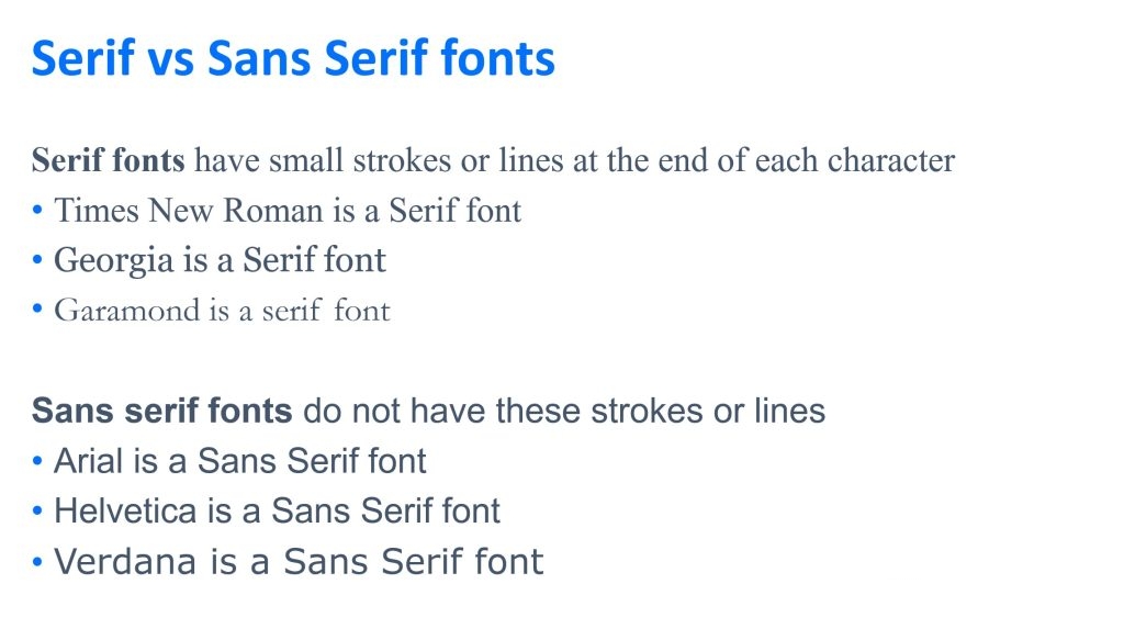 PowerPoint slide showing examples of Serif and Sans Serif fonts