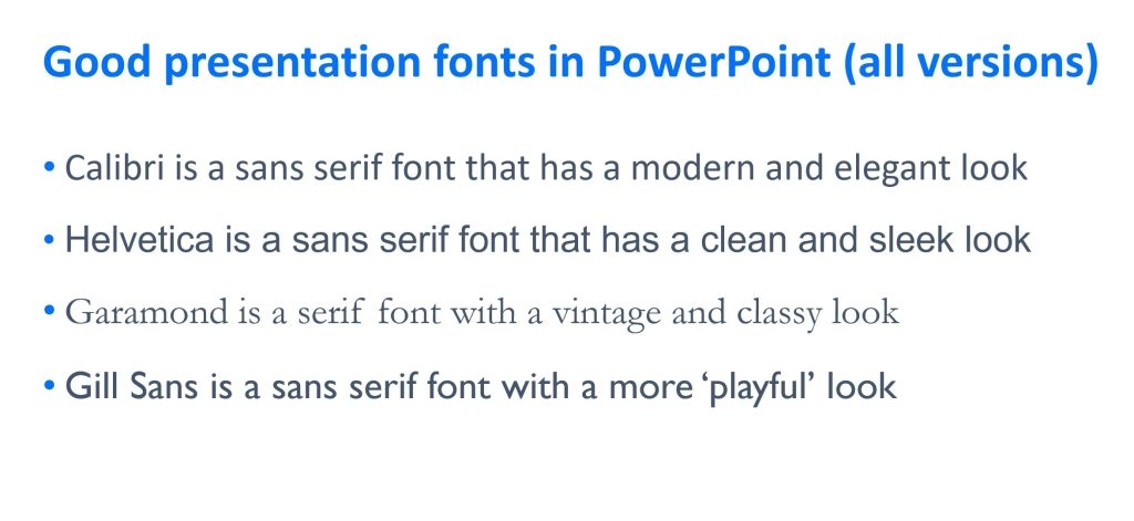 Slide showing examples of good presentation fonts for PowerPoint