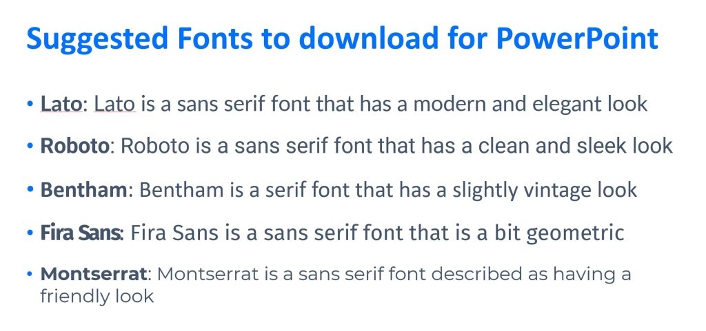 Slide showing examples of other good presentation fonts you can download for PowerPoint