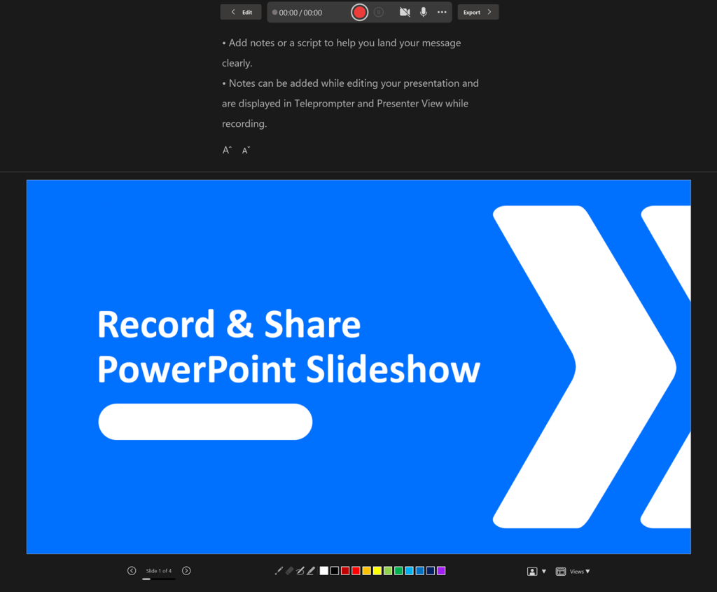 Use the Recording Toolbar to navigate your slides while recoding a PowerPoint Slideshow